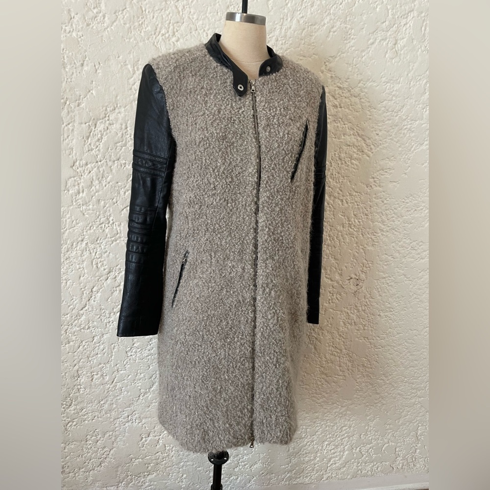 YIGAL AZROUEL Wool Mohair Alpaca Boucle Long Coat, Size 6 Lambskin Leather